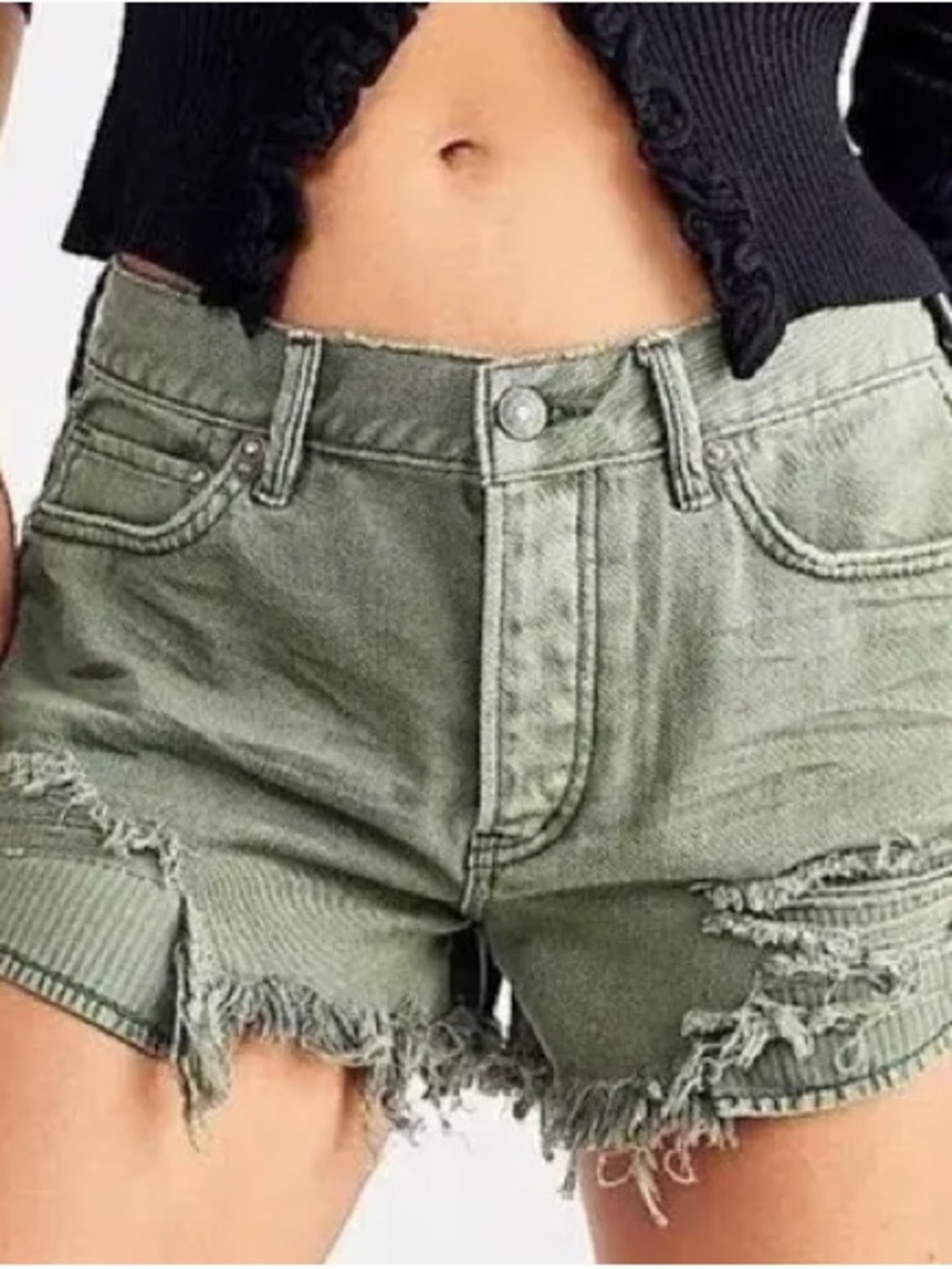 We The Free Olive Green Distressed Denim Shorts